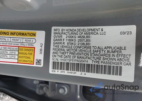 2023 Honda Accord Hybrid Sport z USA, uszkodzony, nr VIN 1HGCY2F51PA020414